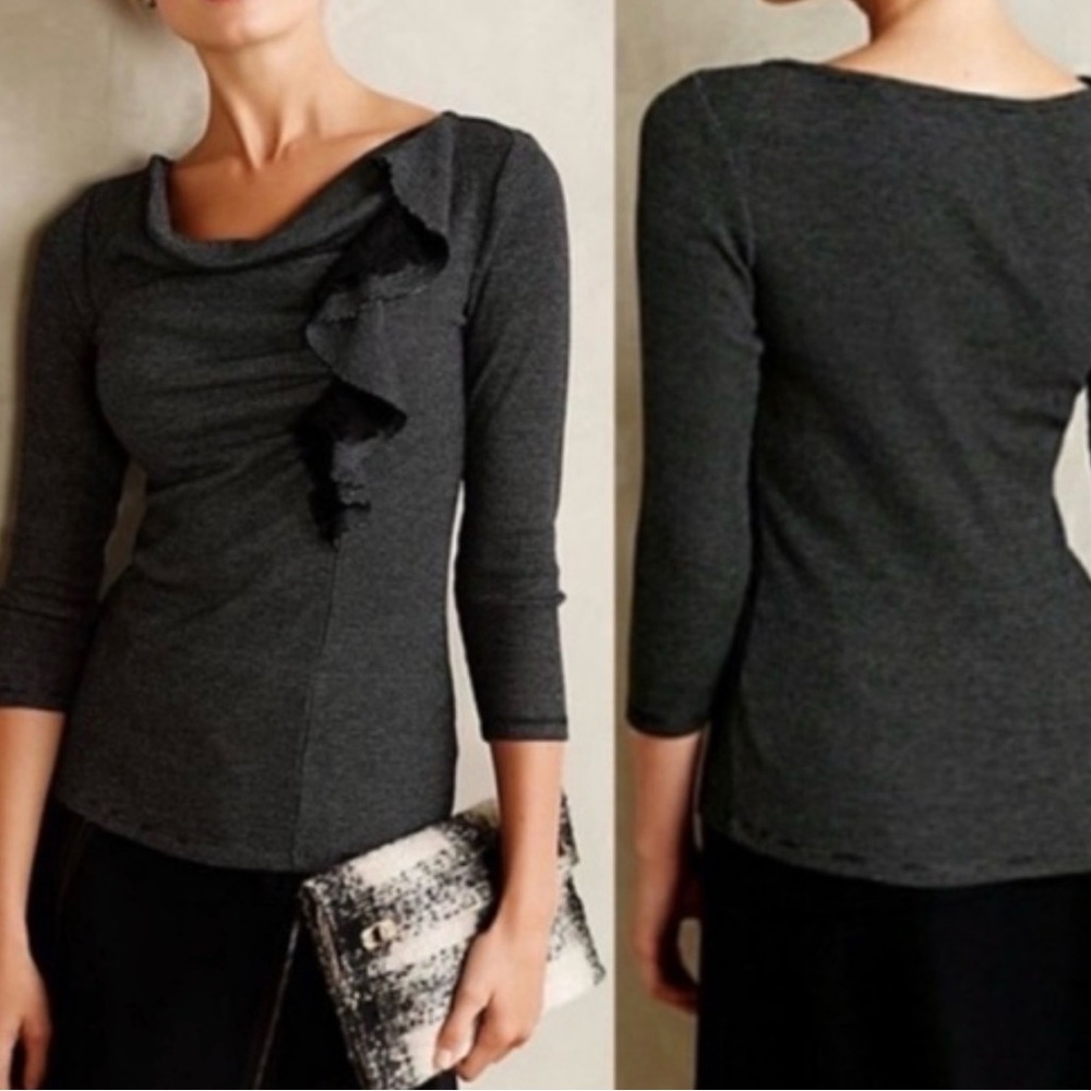 Deletta (Anthropologie) Ophelia Wafffle Charcoal 3-4‎ Sleeve Top Lace Ruffle